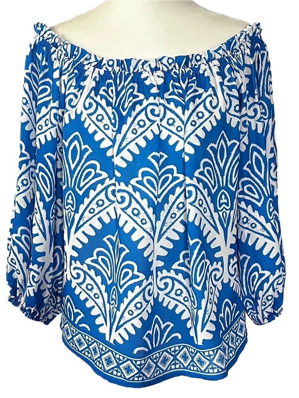 Flying Tomato Off Shoulder Artisan Boho Blouse Top Blue and White Medium